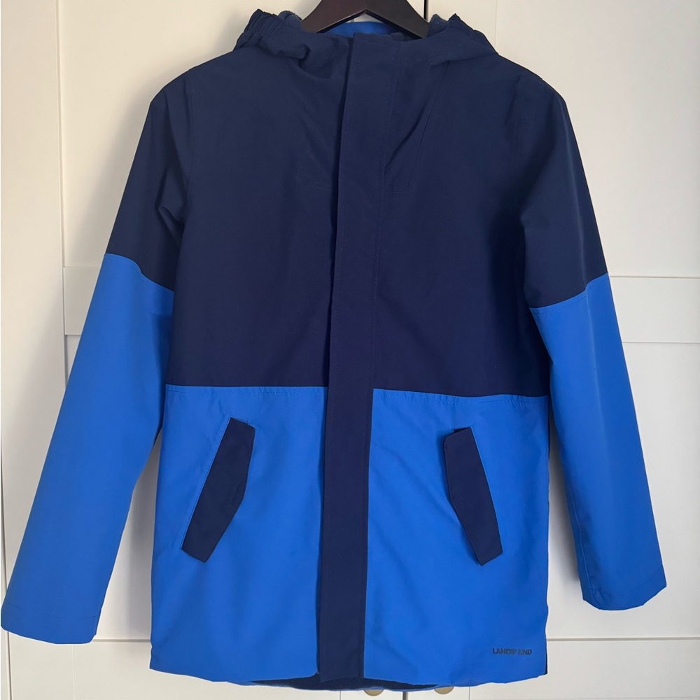 Lands' End Kids Two-Tone Blue Hooded Raincoat Insulated Size XL (14-16)
